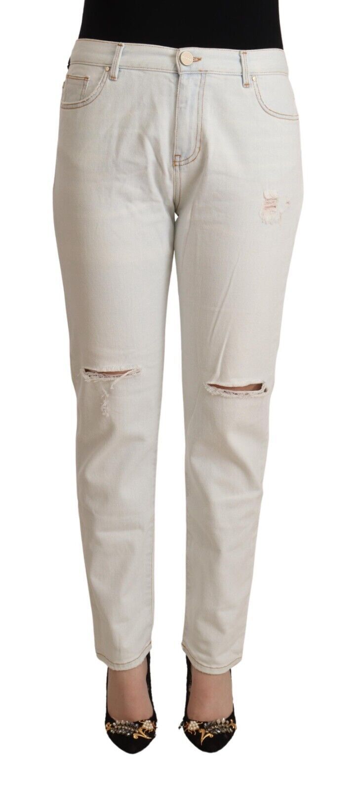 White Cotton Distressed Mid Waist Skinny Denim Jeans