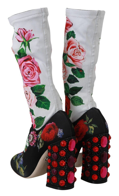 Black Floral Socks Crystal Jersey Boots Shoes