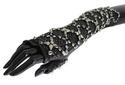 Black Leather Crystal Beaded Finger Free Gloves