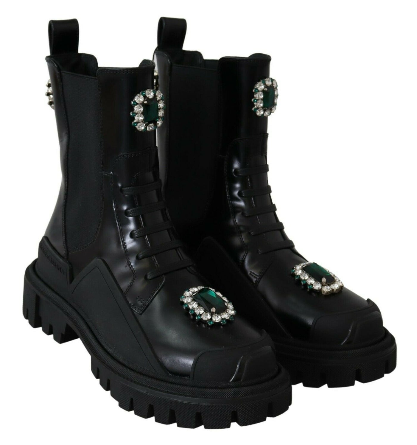 Black Leather Crystal Combat Boots