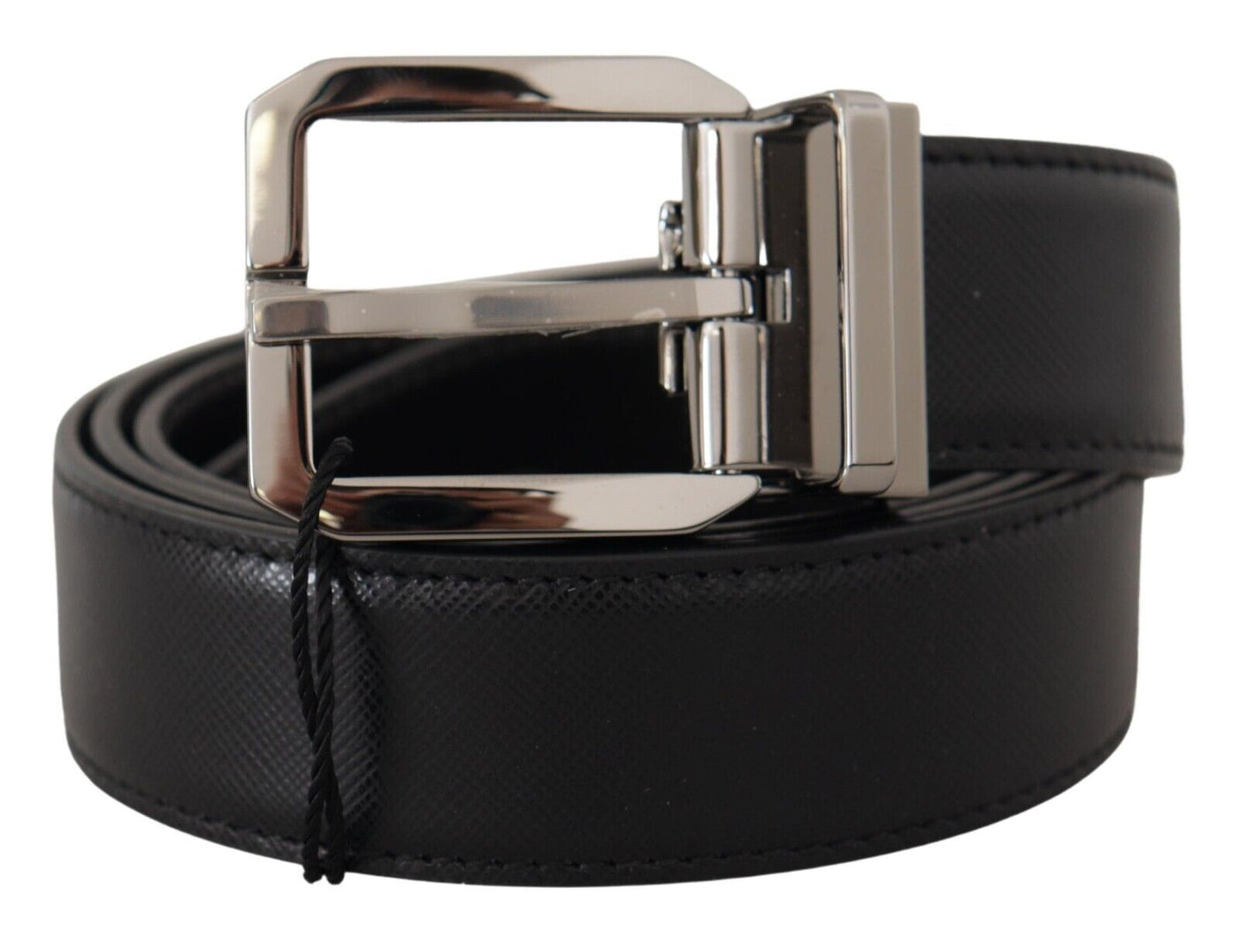 Black Calf Leather Logo Engraved Metal Buckle Belt