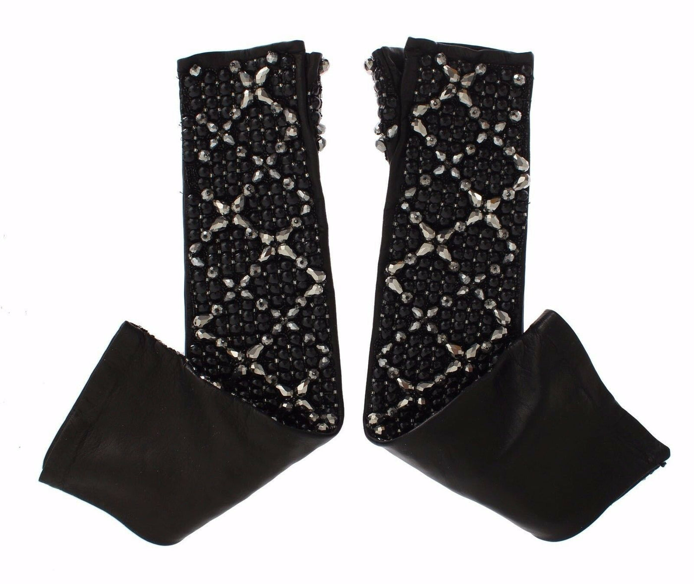 Black Leather Crystal Beaded Finger Free Gloves