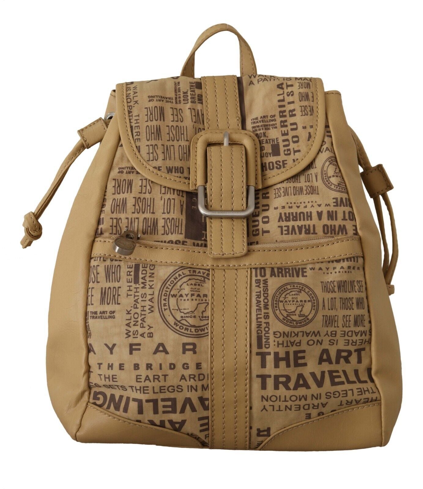 Beige Printed Logo Travel Backpack Bag