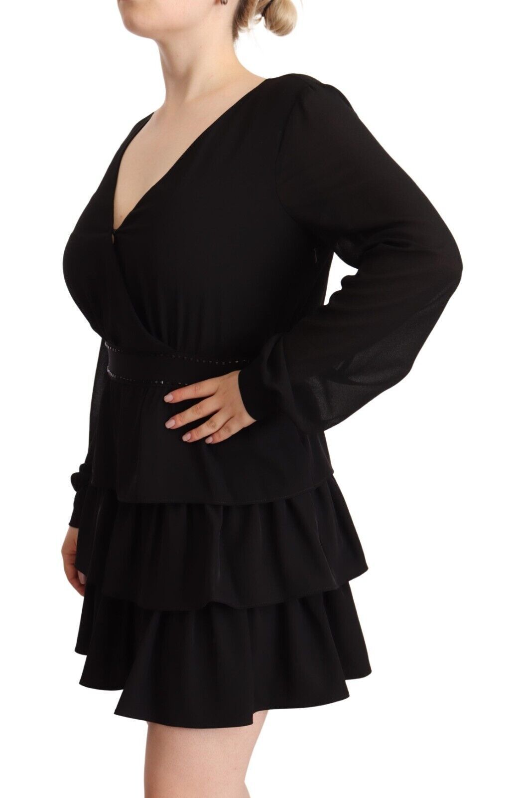 Black Polyester Long Sleeves V-neck Mini A-line Dress