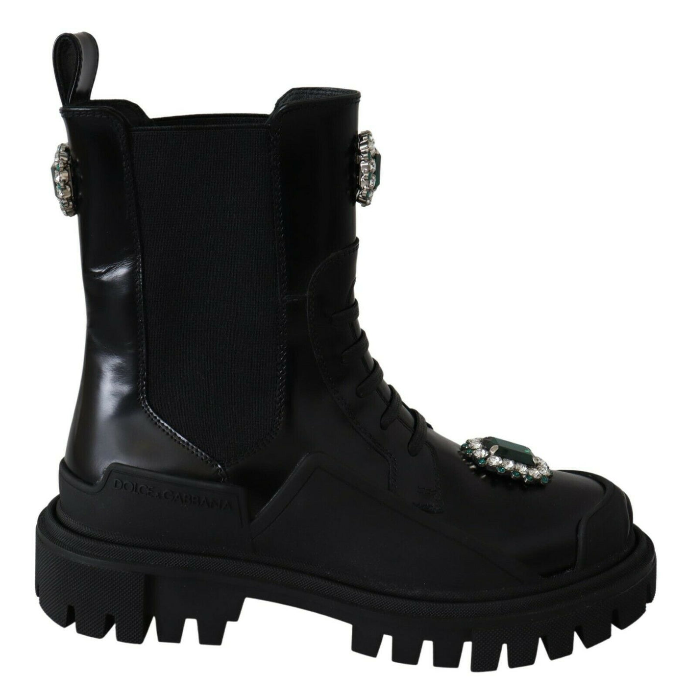 Black Leather Crystal Combat Boots