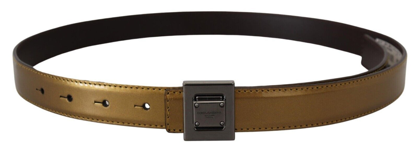 Gold Leather Silver Square Metal Buckle Belt