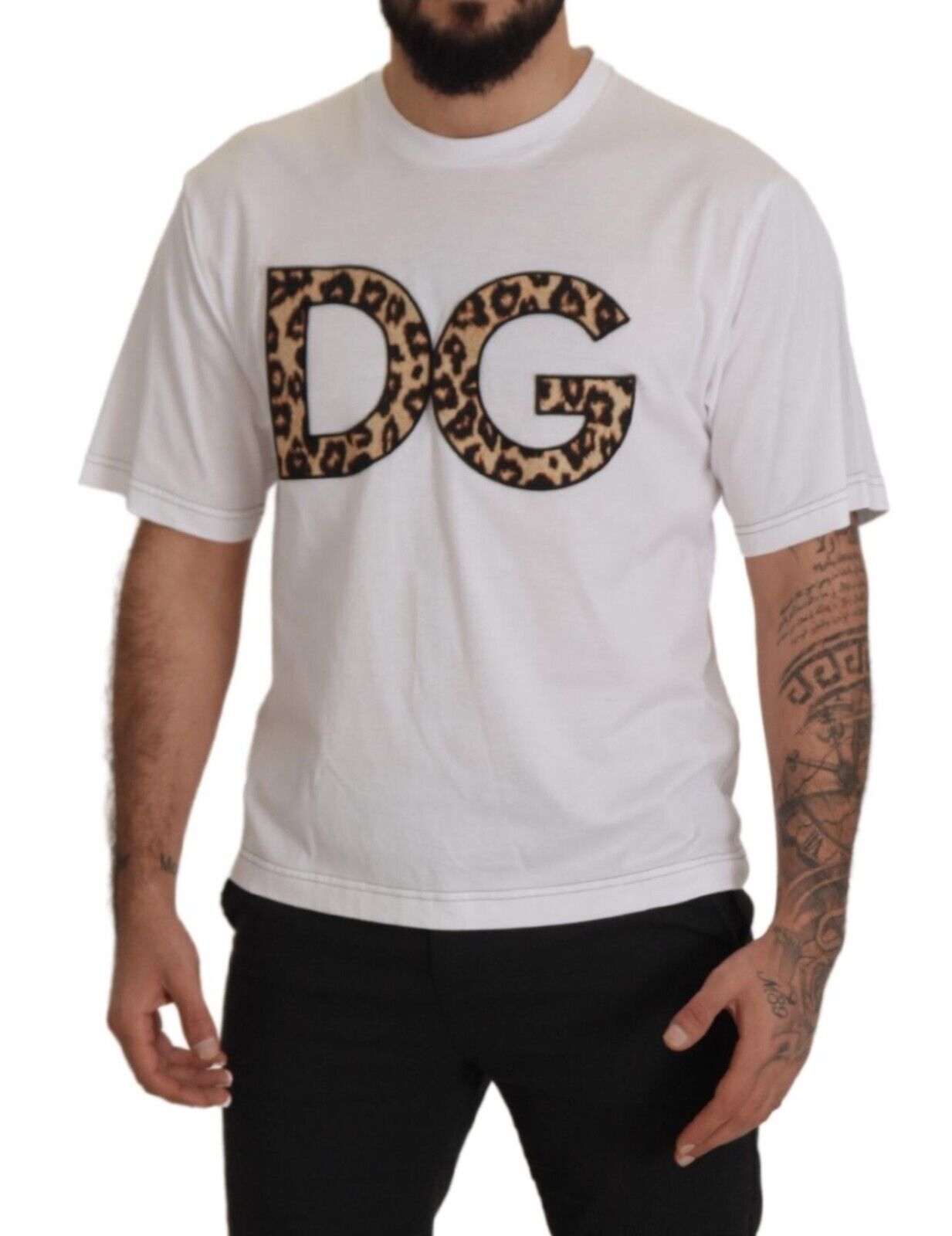 White DG Leopard Logo Crewneck  T-shirt