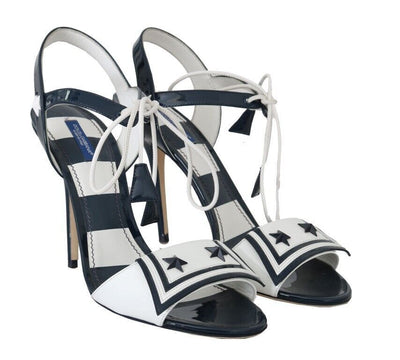 White Blue Stripes Leather Heels Sandals Shoes