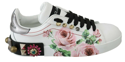 White Leather Crystal Roses Floral Sneakers Shoes