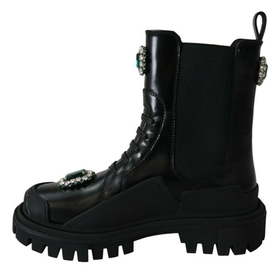 Black Leather Crystal Combat Boots