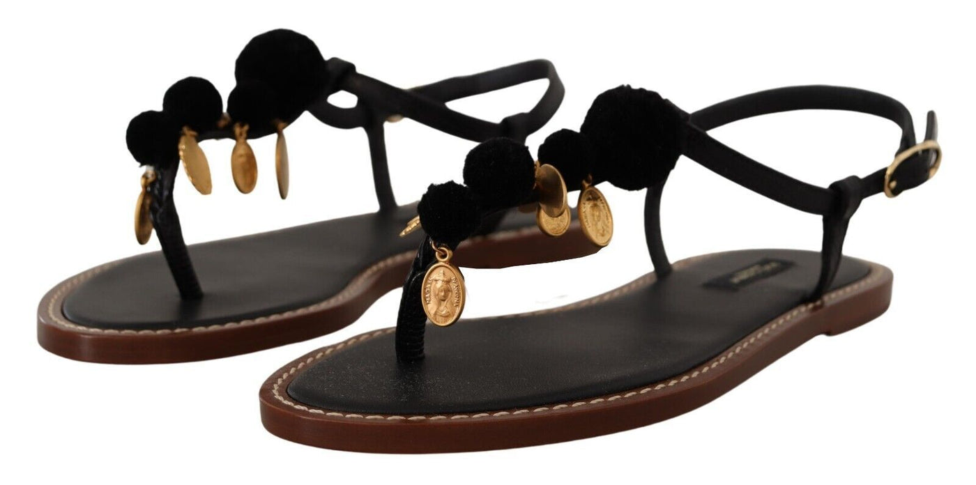 Black Leather Coins Flip Flops Sandals Shoes