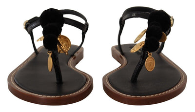 Black Leather Coins Flip Flops Sandals Shoes