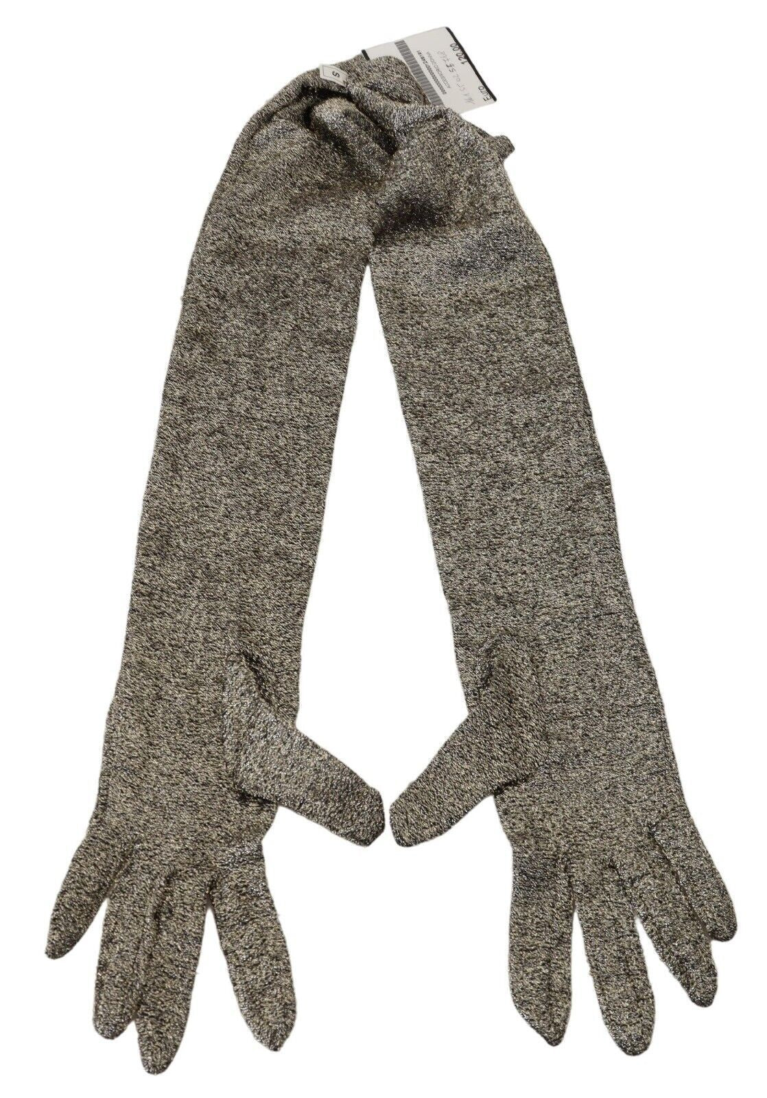 Gray Glittered Elbow Length Mitten Silk Gloves