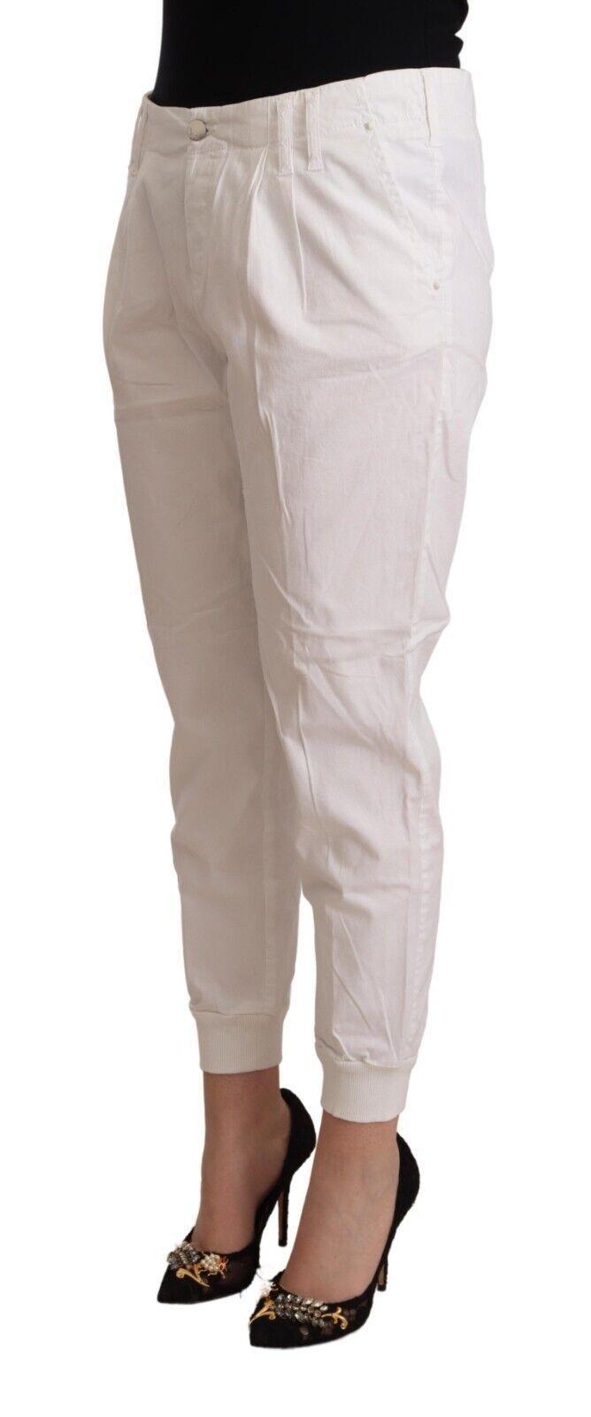 White Cotton Mid Waist Tapered Cropped Pants