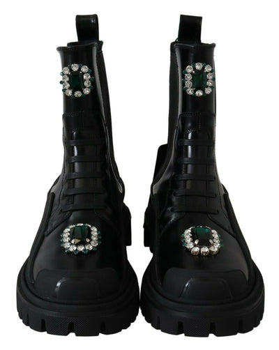 Black Leather Crystal Combat Boots