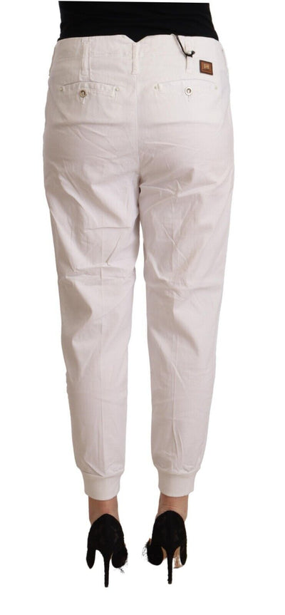 White Cotton Mid Waist Tapered Cropped Pants