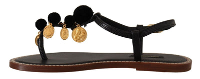 Black Leather Coins Flip Flops Sandals Shoes