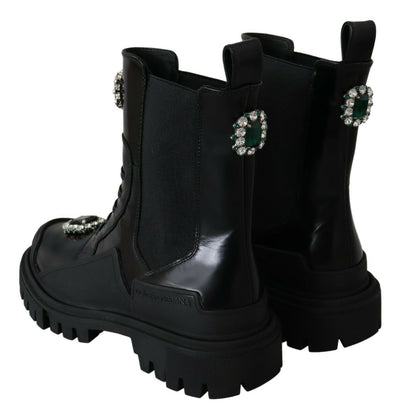 Black Leather Crystal Combat Boots