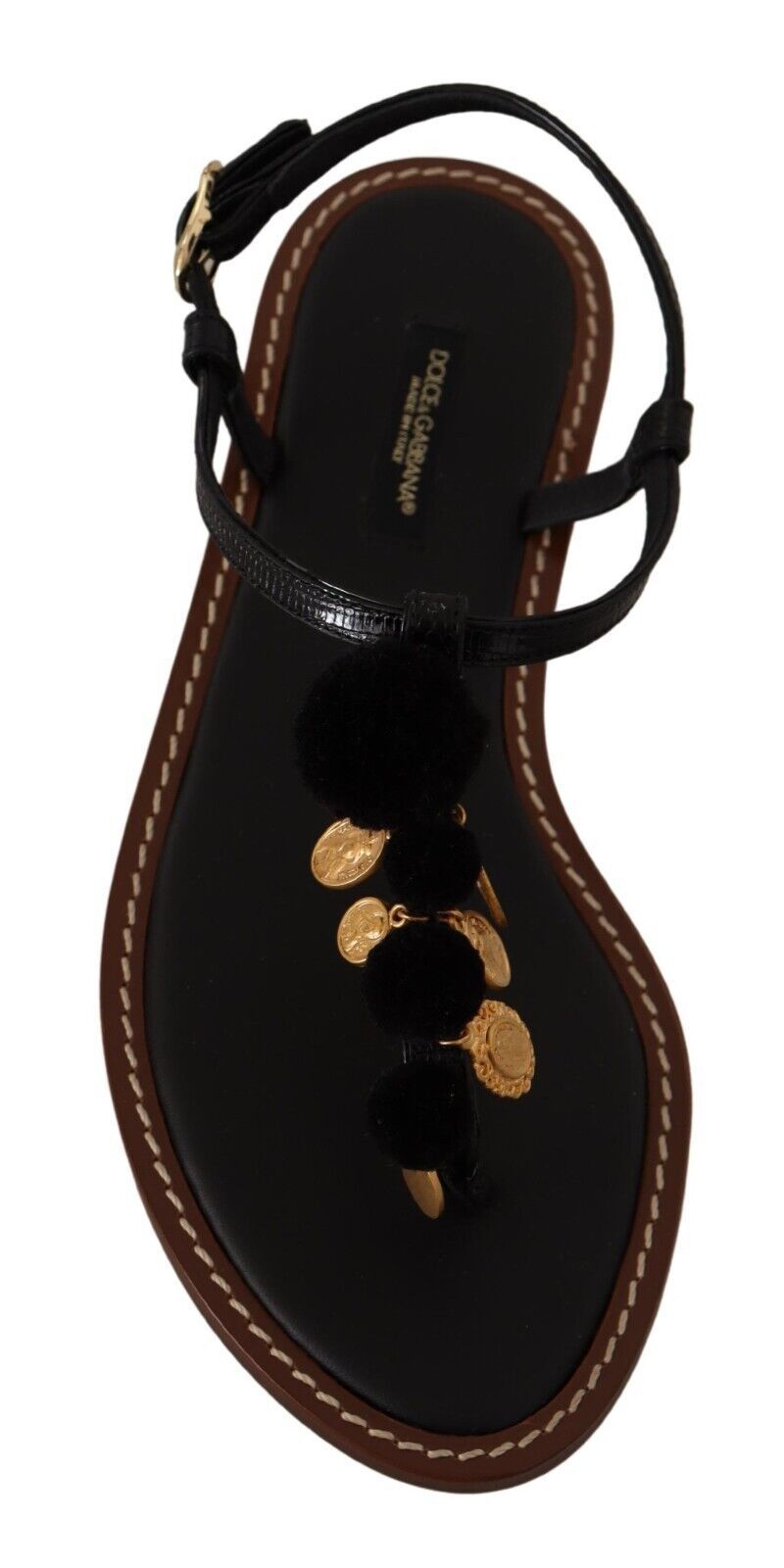 Black Leather Coins Flip Flops Sandals Shoes