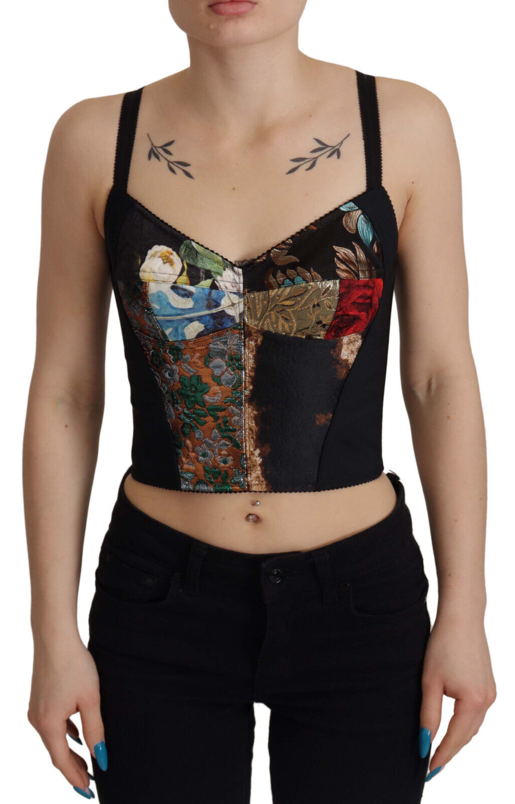 Black Patchwork Sicily Blouse Corset Cropped Top