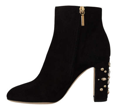 Black Suede Leather Crystal Heels Boots Shoes