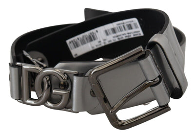 Metallic Silver Leather DG Logo Metal Buckle Belt