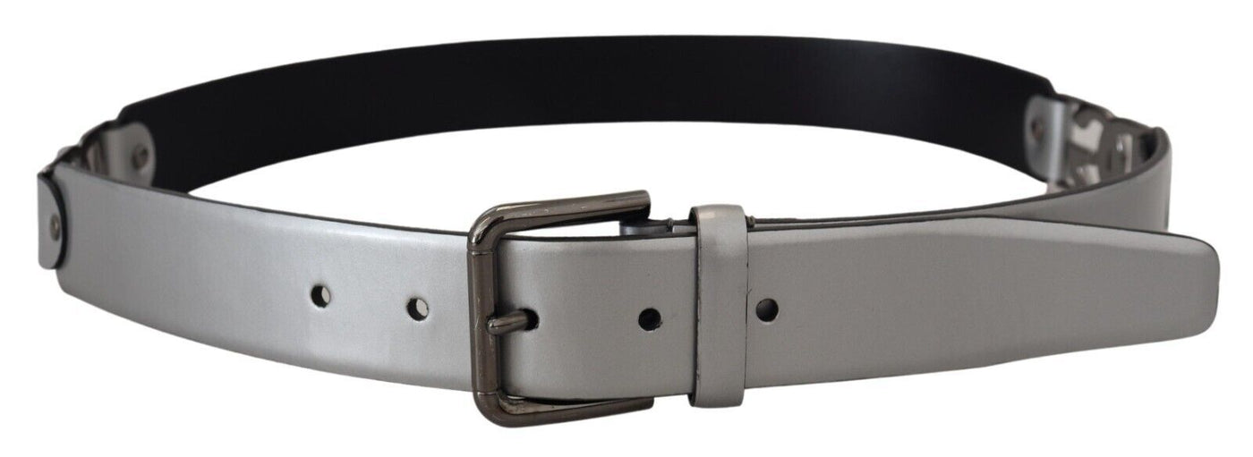 Metallic Silver Leather DG Logo Metal Buckle Belt