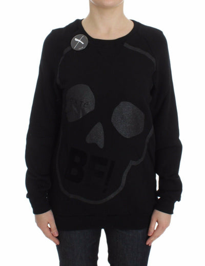 Black Cotton Motive Print Crewneck Pullover Sweater