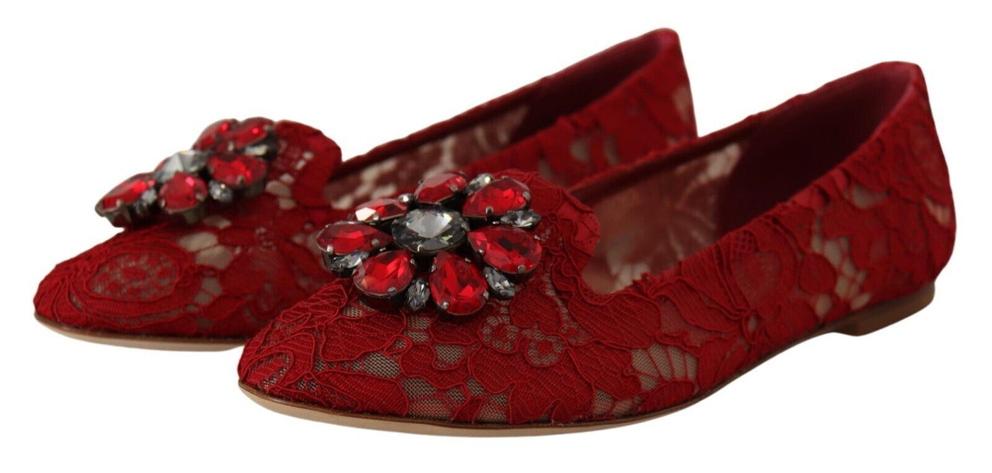 Red Lace Crystal Ballet Flats Loafers Shoes