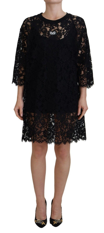 Black Floral Lace Cotton Shift Mini Dress