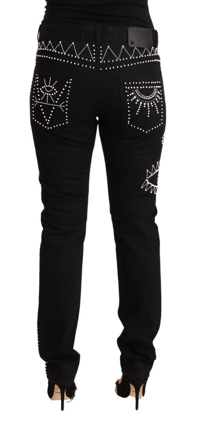 Black Cotton Mid Waist Embellished Slim Fit Jeans