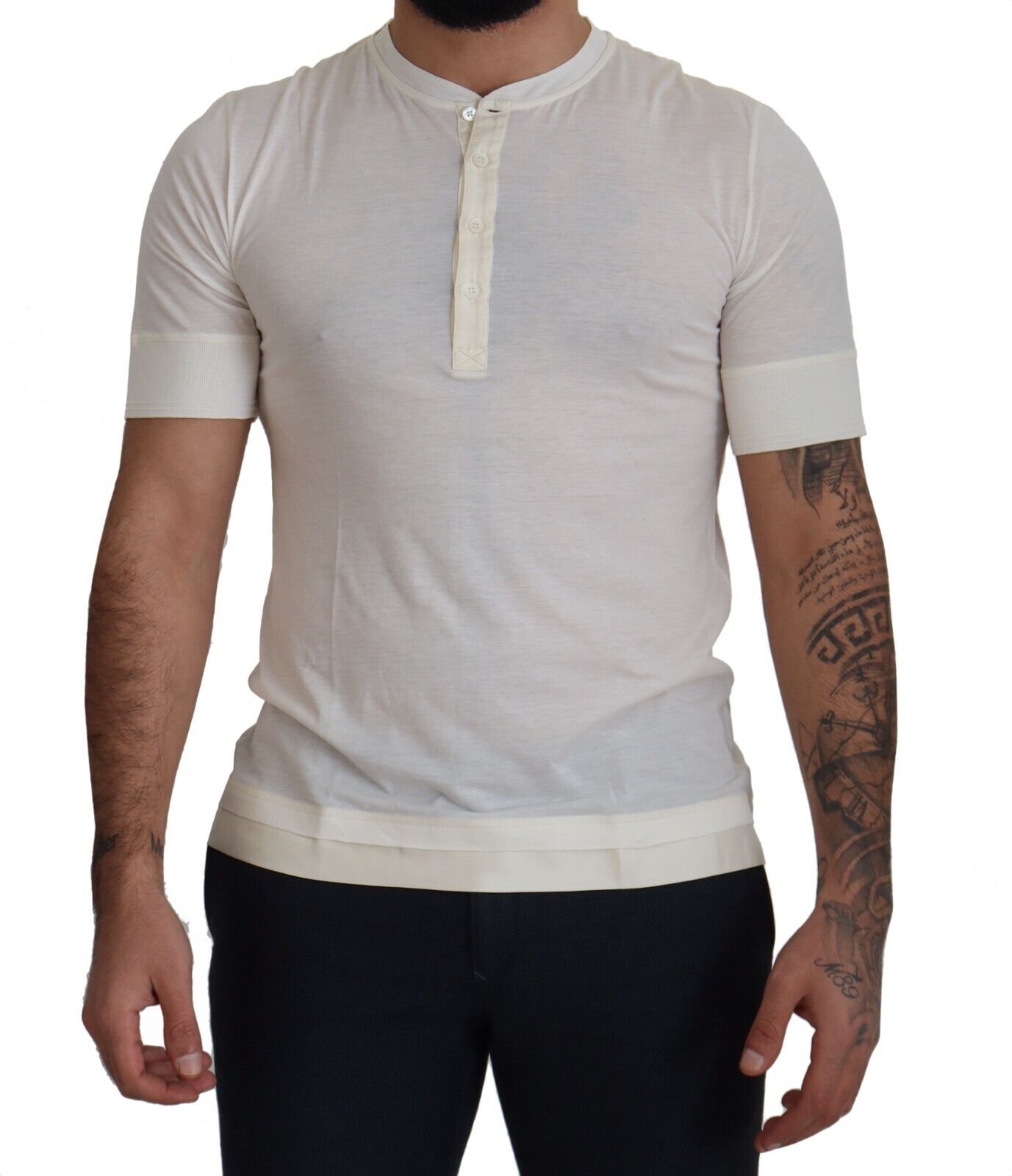 White Short Button Closure Crewneck  T-shirt