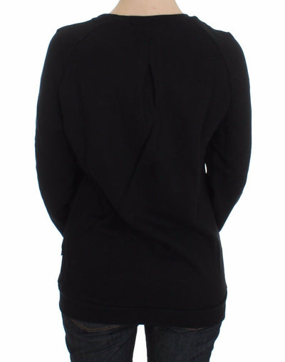 Black Cotton Motive Print Crewneck Pullover Sweater