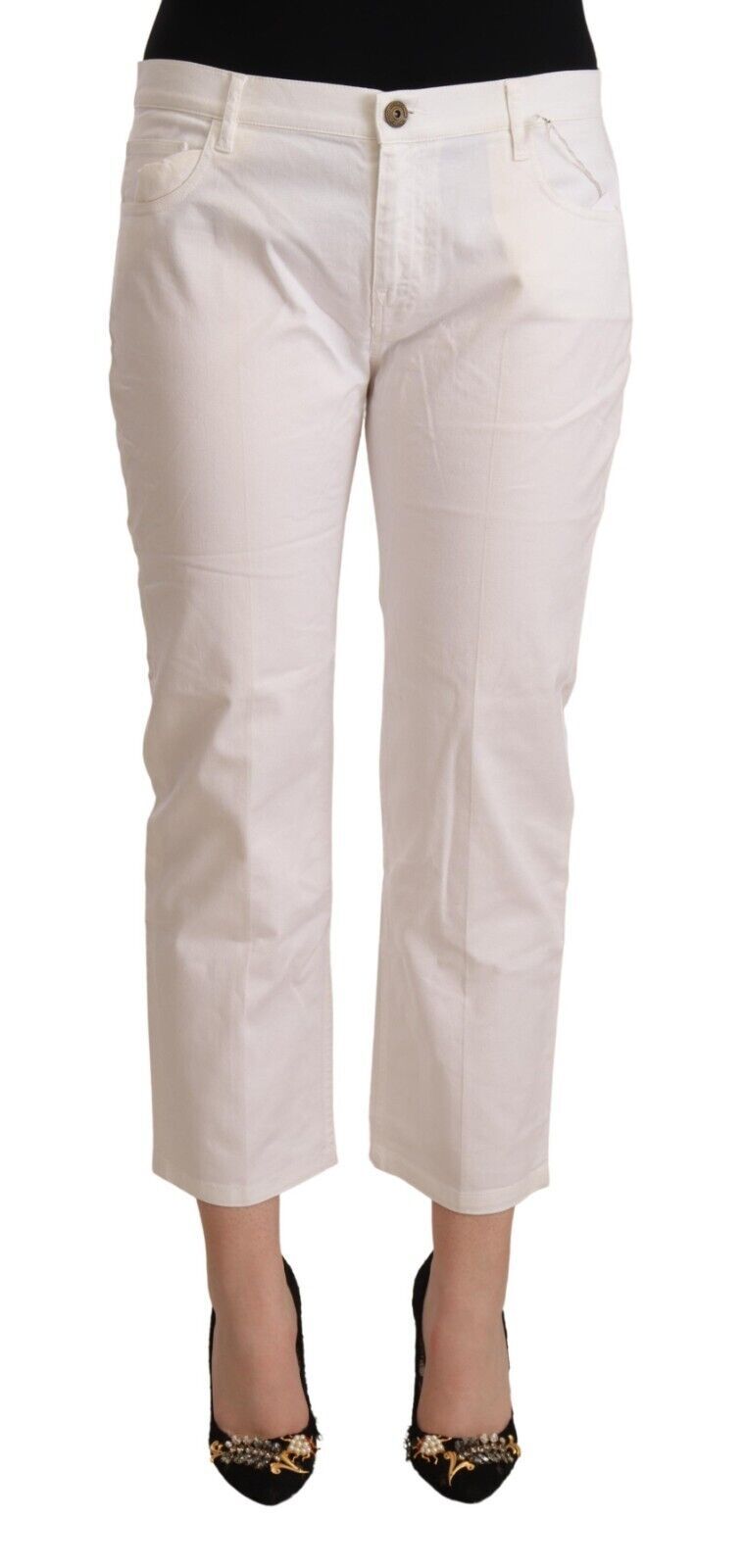 White Cotton Mid Waist Cropped Denim Jeans