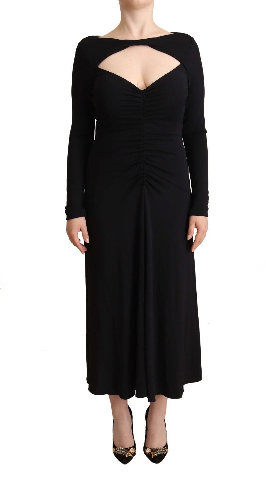 Black Nylon Stretch Long Sleeves Deep V-neck Maxi Dress