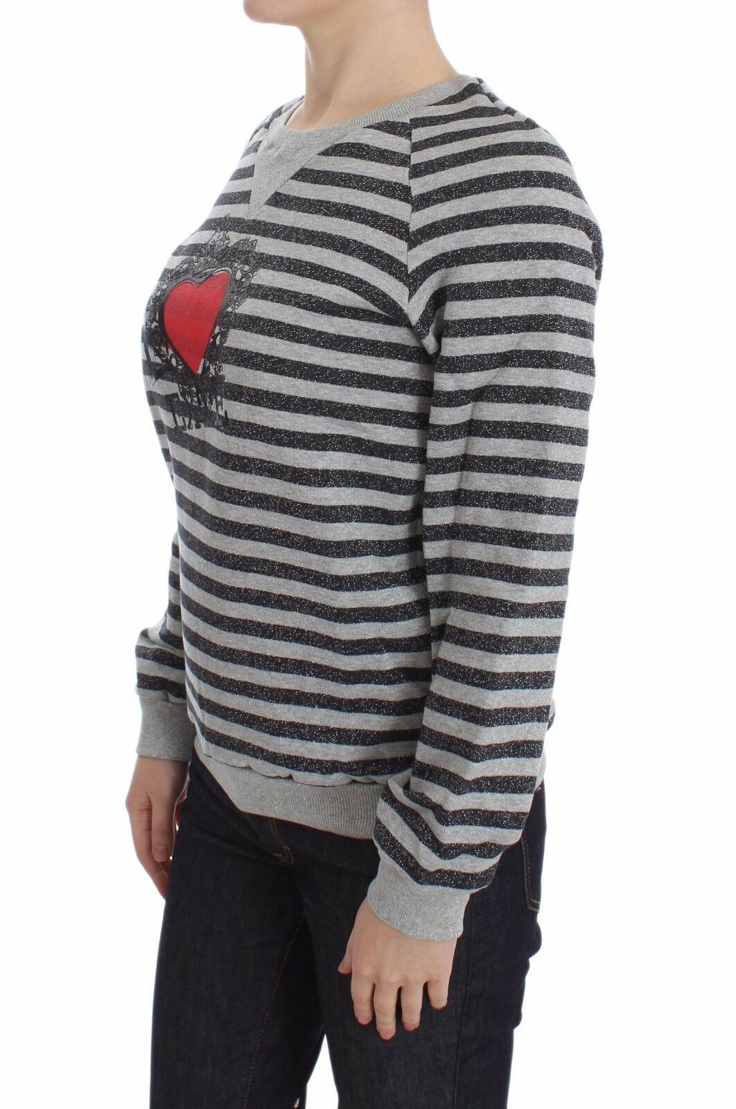 Gray Striped Cotton Crewneck Sweater