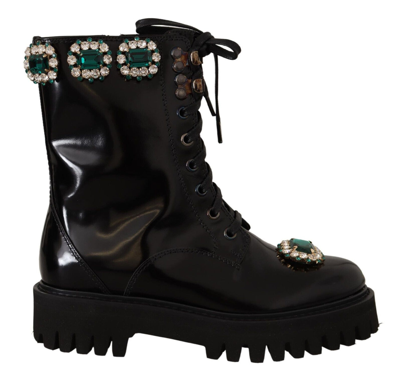 Black Leather Crystal Combat Boots Shoes