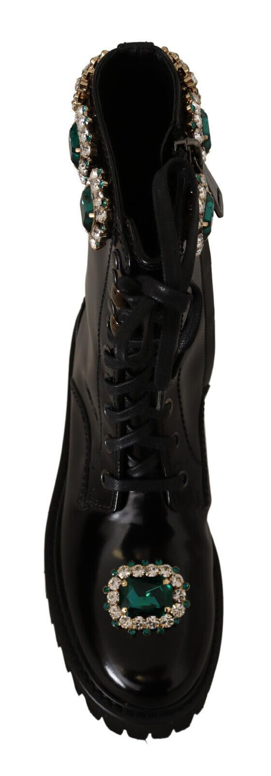 Black Leather Crystal Combat Boots Shoes