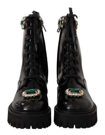 Black Leather Crystal Combat Boots Shoes