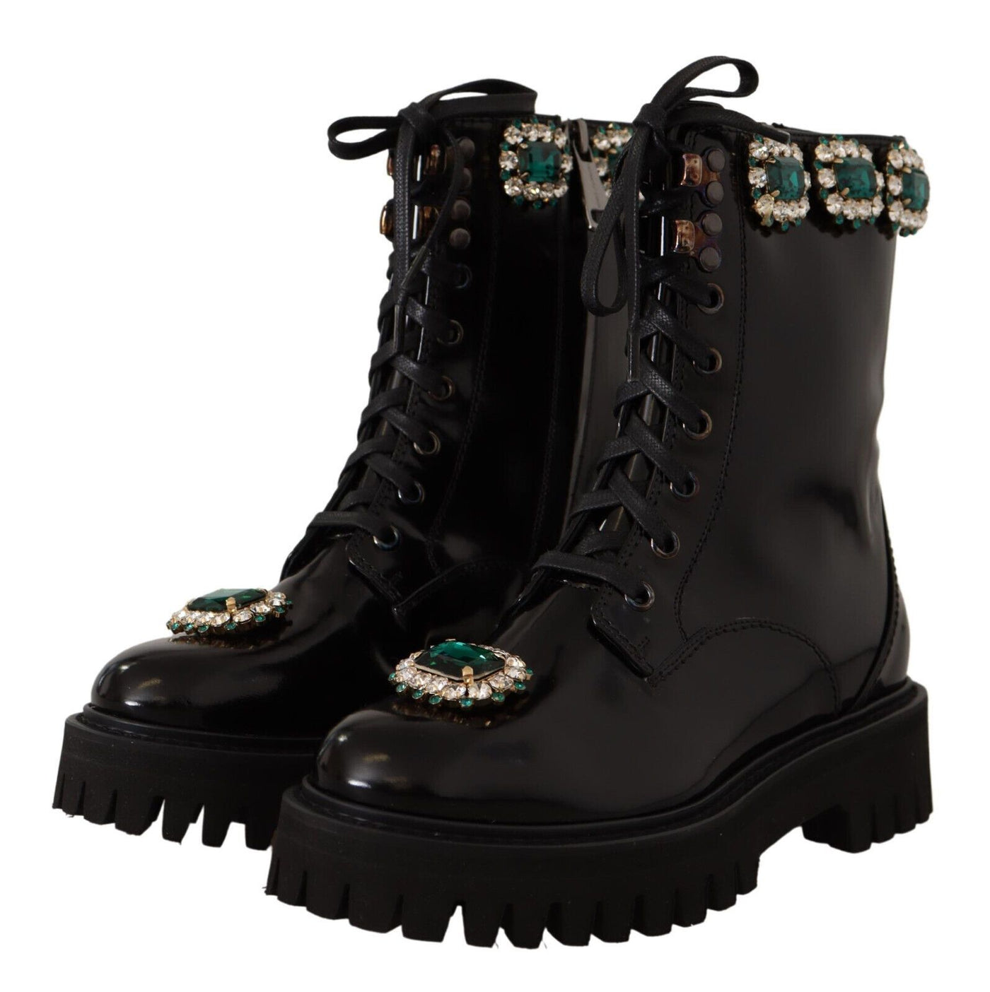 Black Leather Crystal Combat Boots Shoes