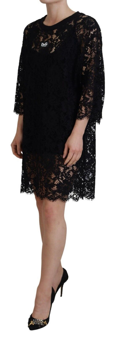 Black Floral Lace Cotton Shift Mini Dress