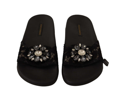 Black Lace Crystal Sandals Slides Beach Shoes