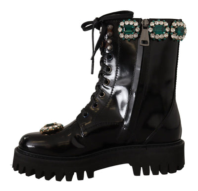 Black Leather Crystal Combat Boots Shoes