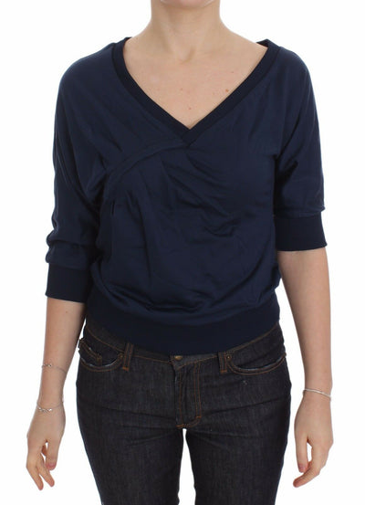 Blue Cotton Top Pullover Deep V-neck Women Sweater