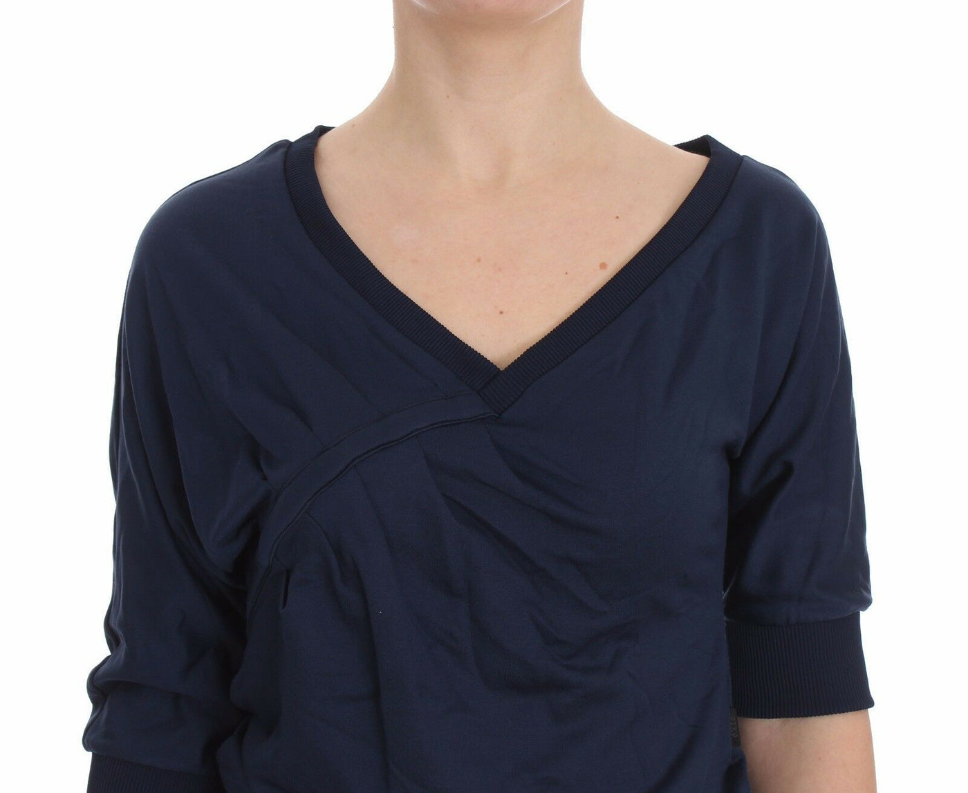 Blue Cotton Top Pullover Deep V-neck Women Sweater