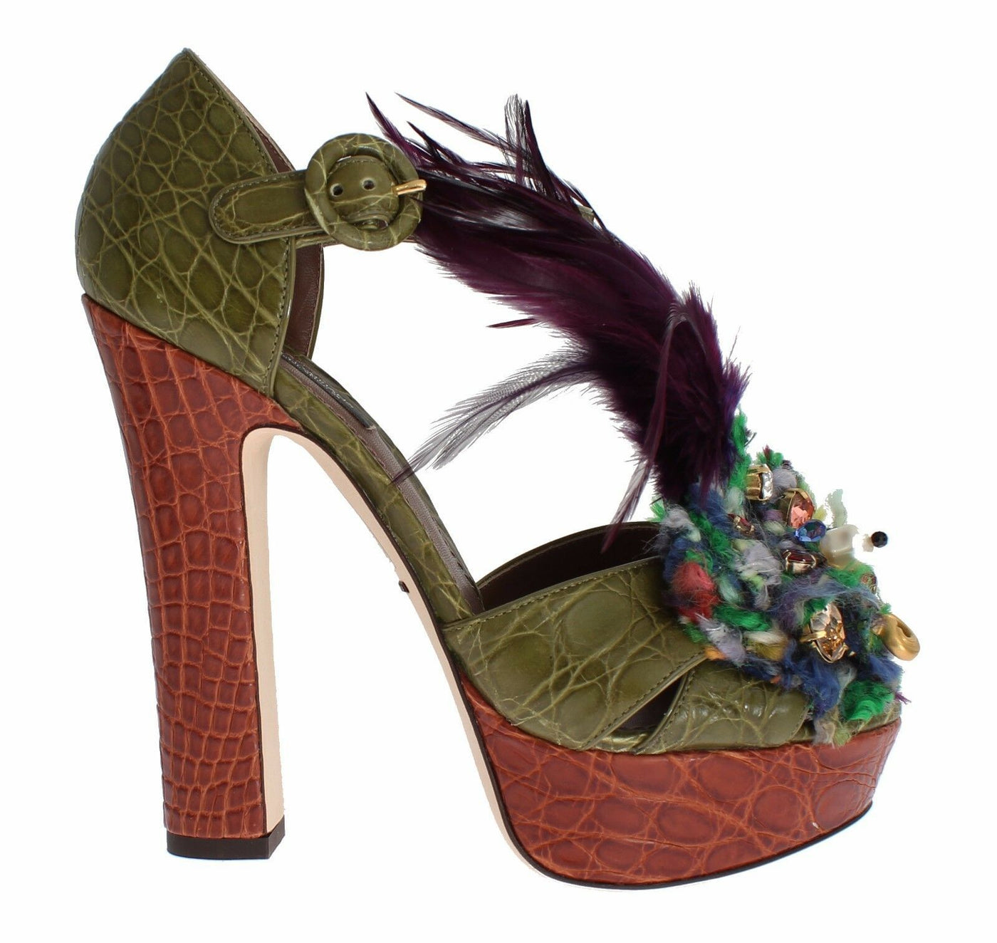 Green Leather Crystal Platform Sandal Shoes