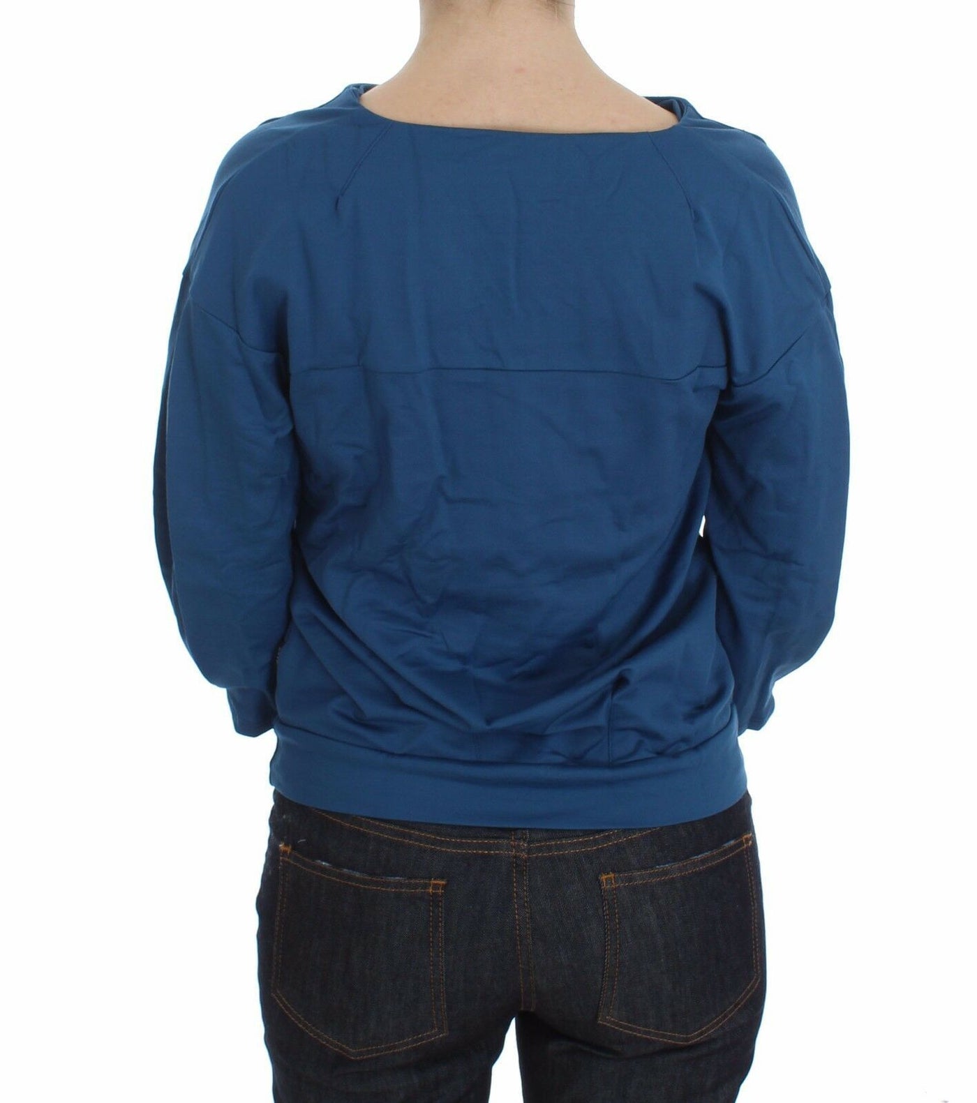 Blue Cotton Top Pullover Deep V-neck Women Sweater