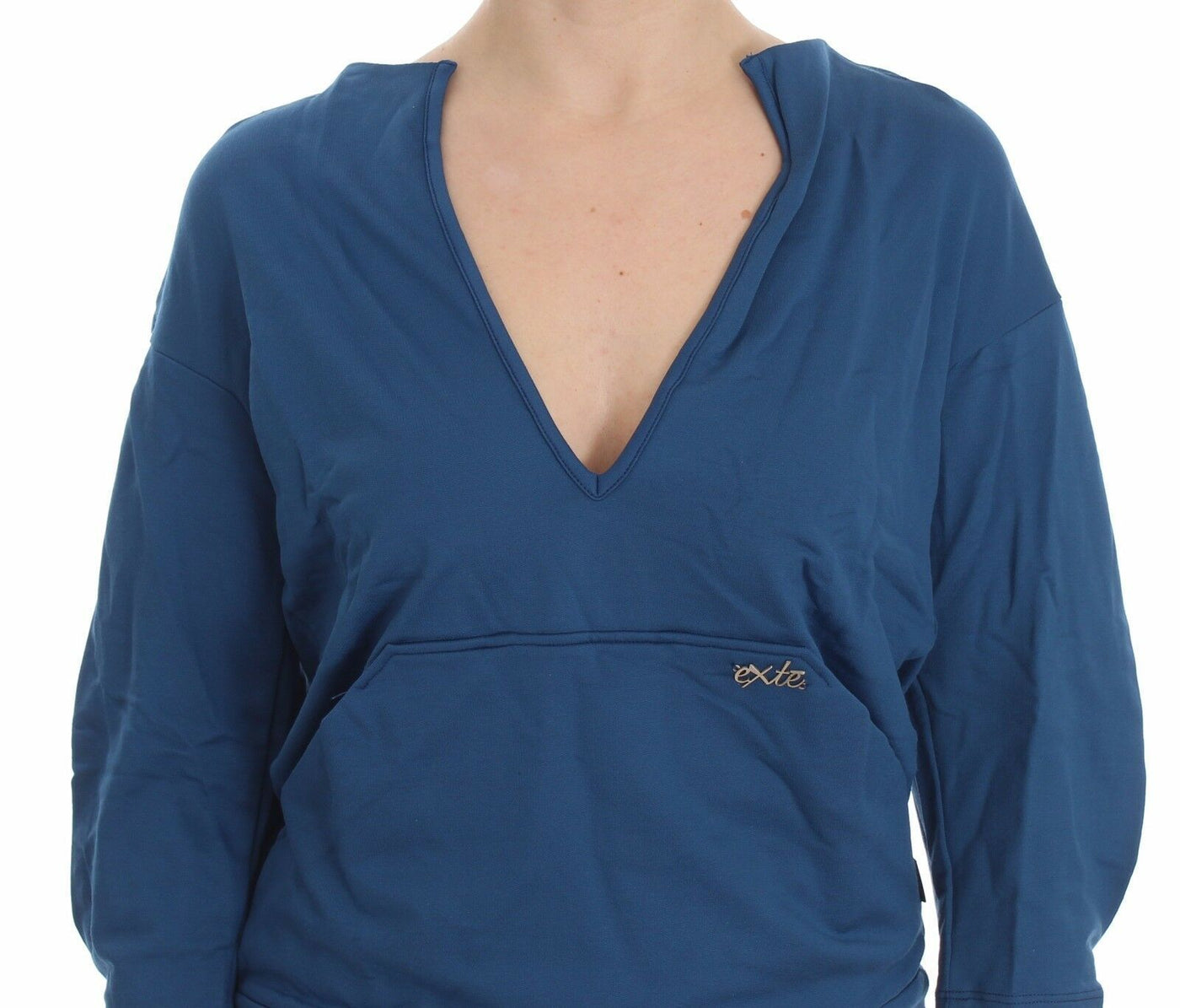 Blue Cotton Top Pullover Deep V-neck Women Sweater