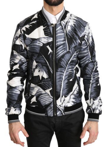 Black Silk Banana Leaf Print Bomber Jacket