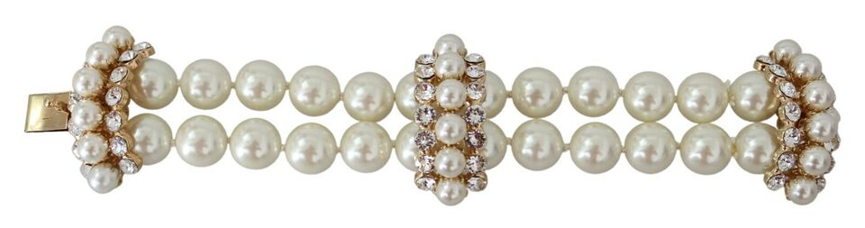 White Faux Pearl Beads Translucent Crystals Bracelet